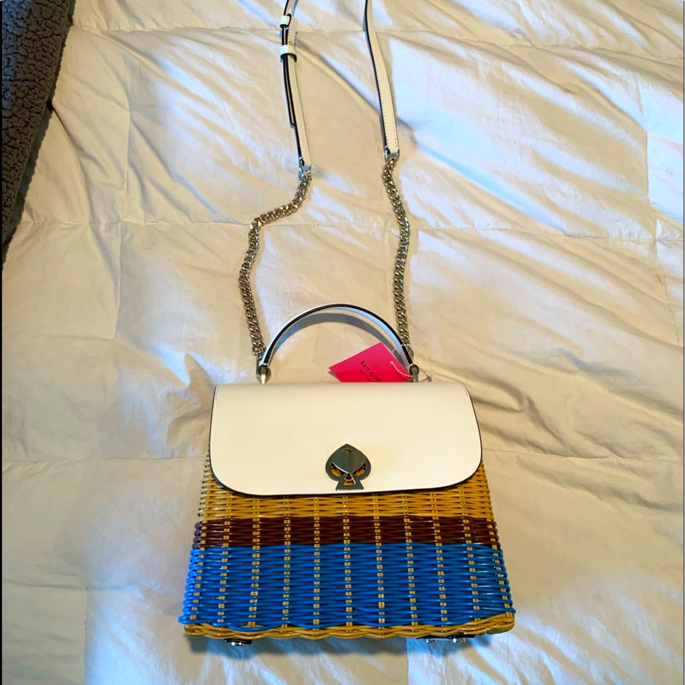 kate spade romy wicker optic white and blue purse